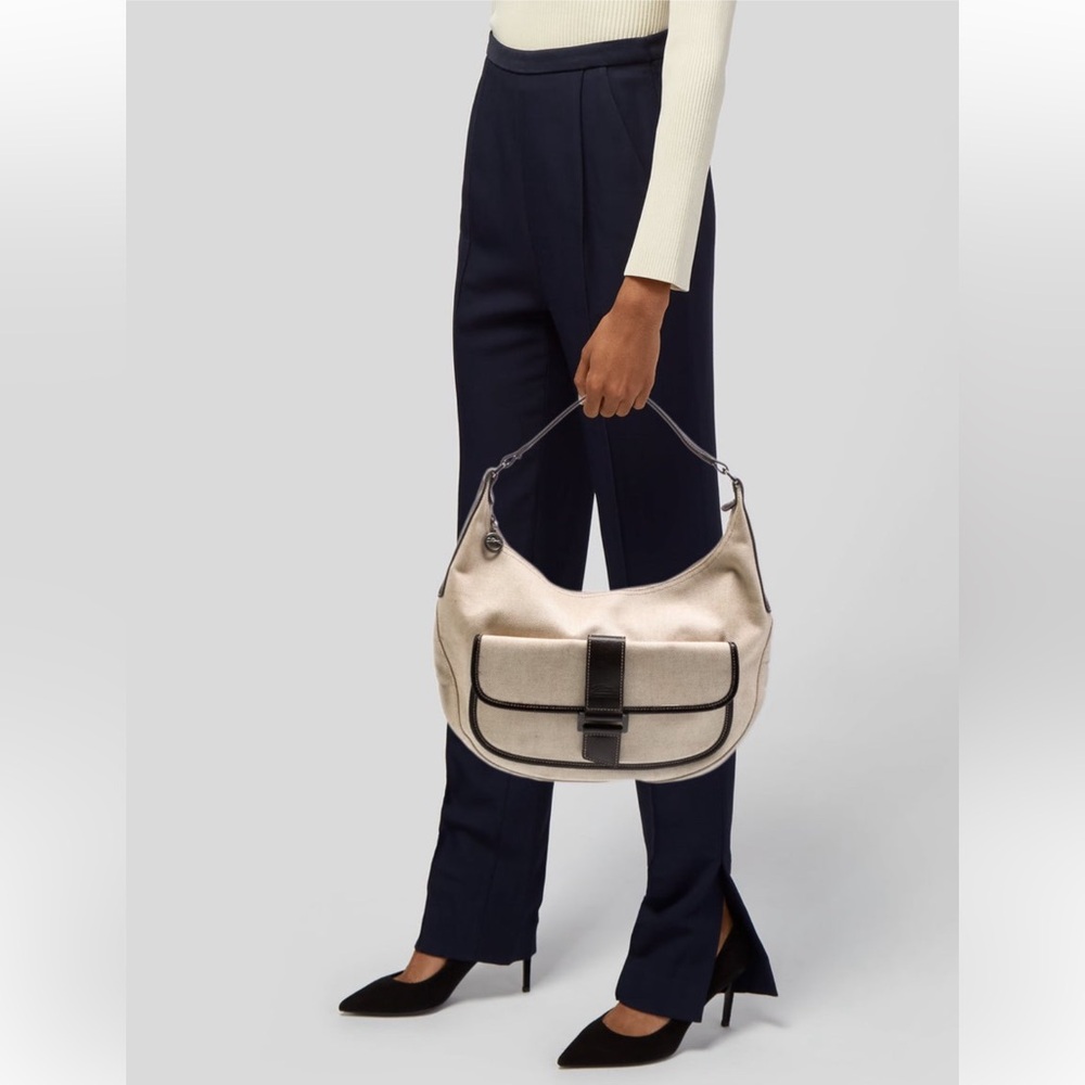 Longchamp Beige Canvas Hobo Bag with Black Trim
